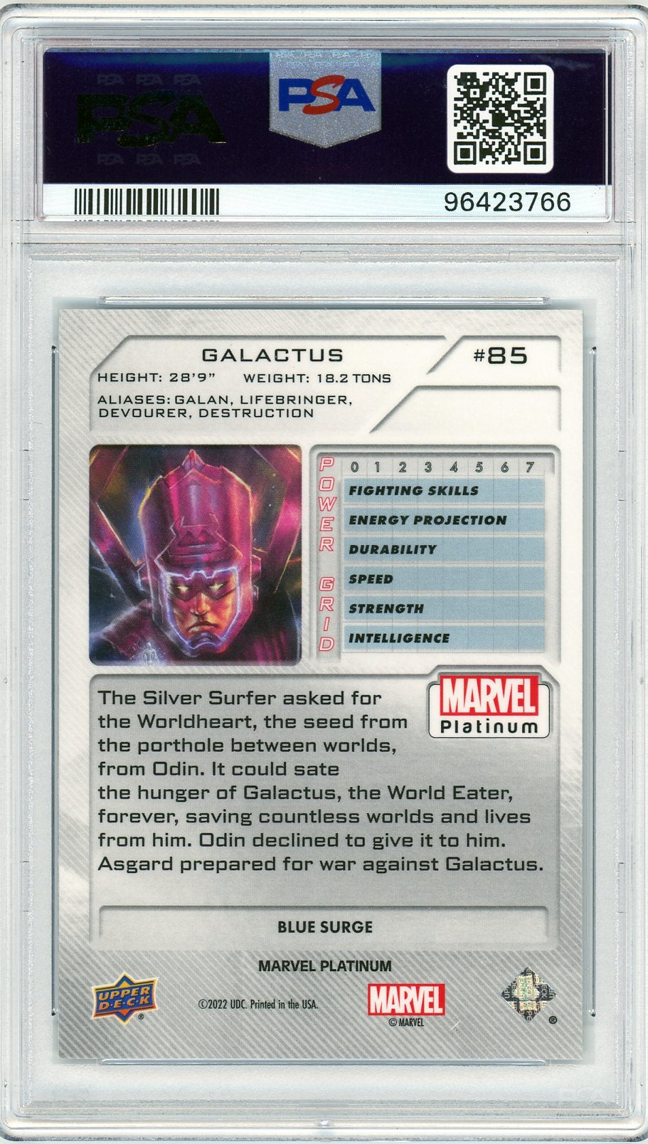 Back of the 2023 Marvel Platinum Galactus #85 Blue Surge PSA 10 with stats, aliases, and story details from Upper Deck’s Marvel Platinum set