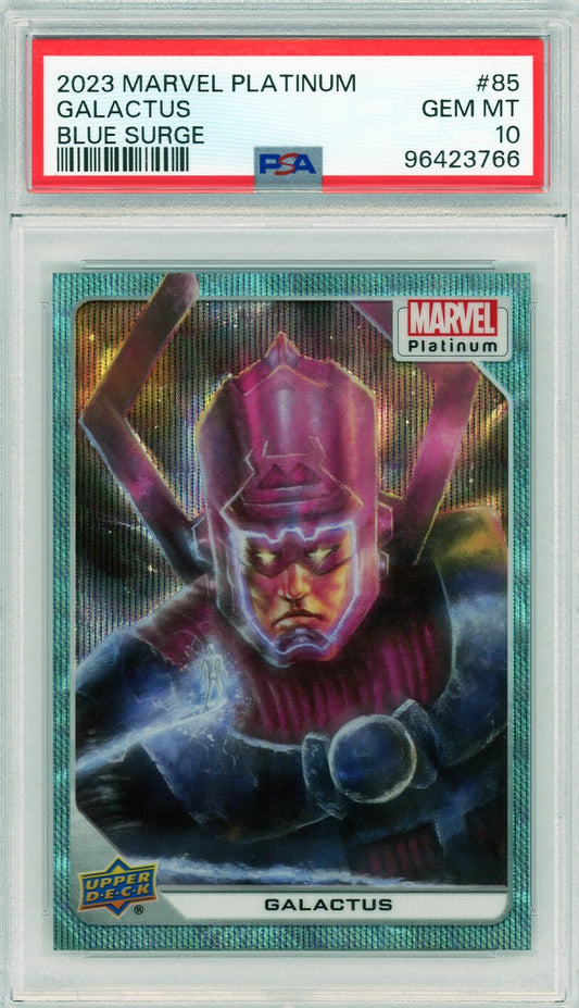 Front of the 2023 Marvel Platinum Galactus #85 trading card in PSA 10 Gem Mint grade, Blue Surge variant by Upper Deck
