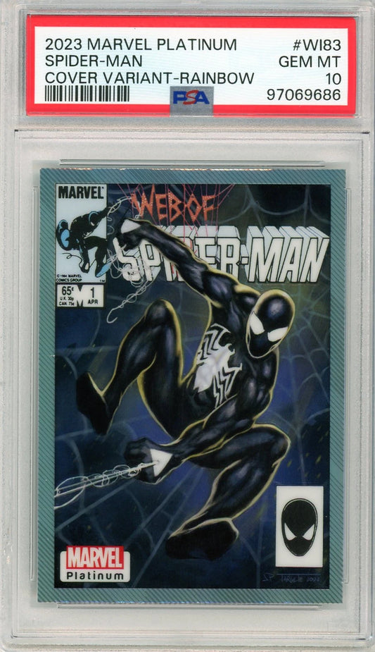 Front of PSA 10 graded 2023 Marvel Platinum Rainbow Variant card featuring Spider-Man in his symbiote suit.