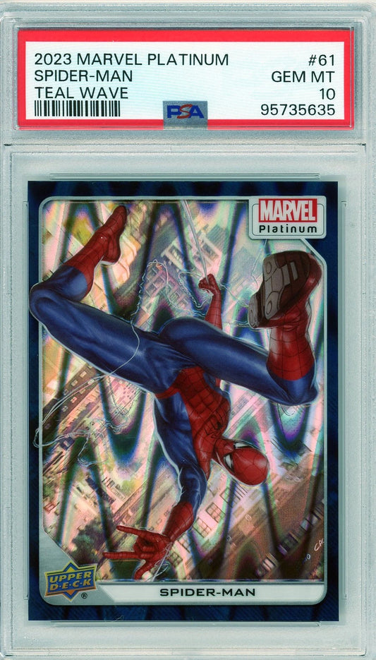 Front of PSA 10 graded Spider-Man Teal Wave card with dynamic art and limited foil parallel finish.