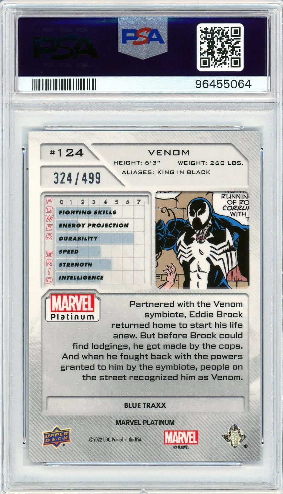 Back of Venom Blue Traxx card showing stats, bio, serial #324/499, and power ratings from the 2023 Marvel Platinum set.