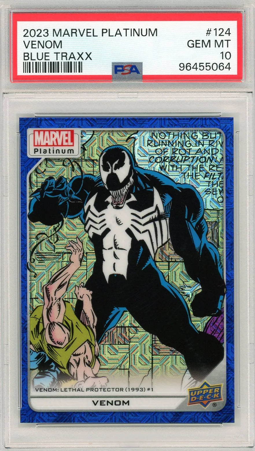 Front of 2023 Marvel Platinum Blue Traxx Venom card, featuring Lethal Protector art, graded PSA 10 GEM MINT.