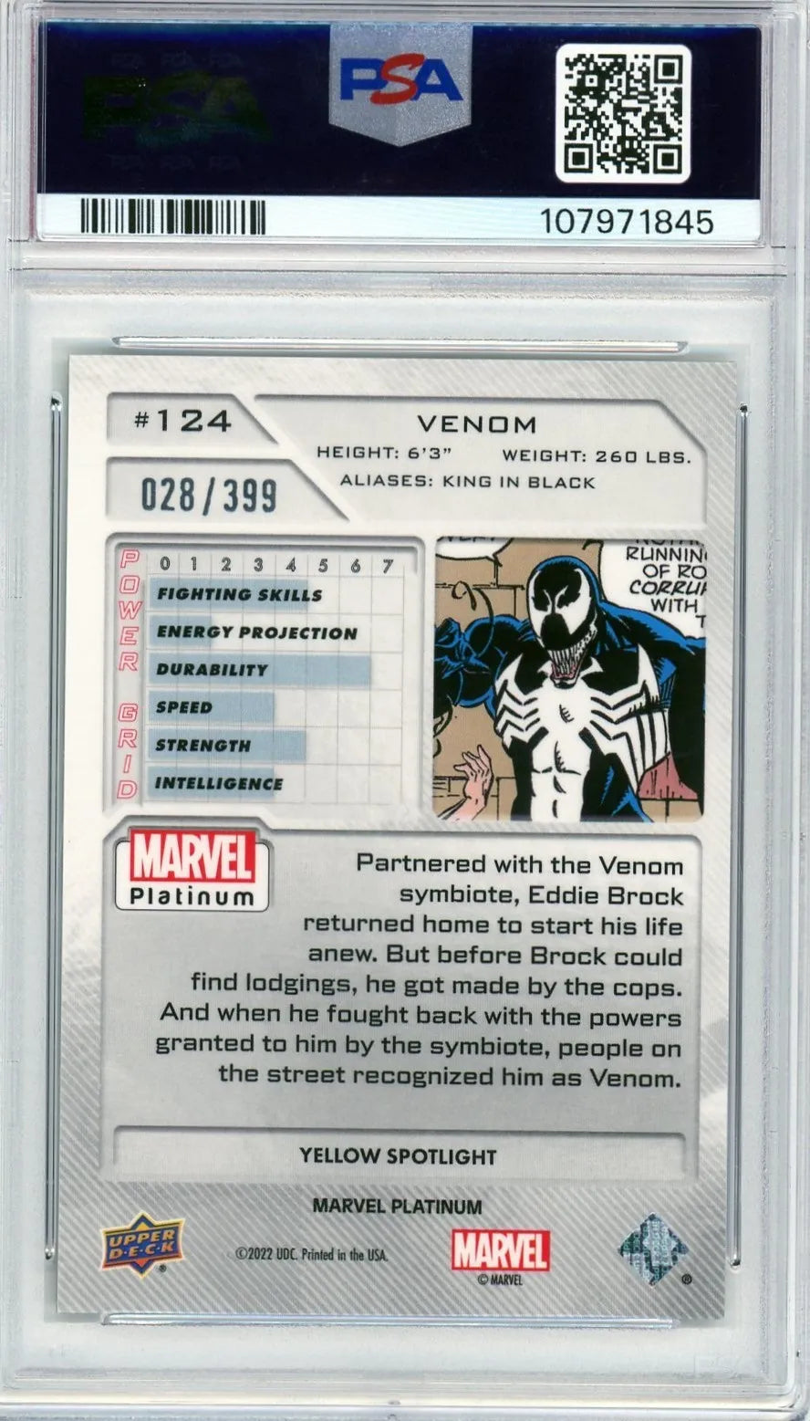 Back of 2023 Marvel Platinum Venom Yellow Spotlight #124 showing stats, serial number 028/399, and character background.