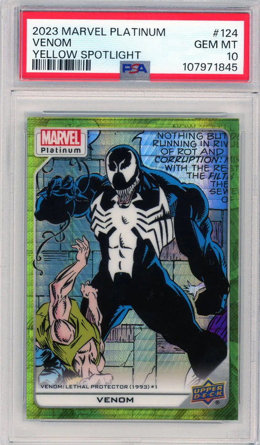 Front of 2023 Marvel Platinum Venom Yellow Spotlight #124 graded PSA 10, featuring Venom from Lethal Protector #1.