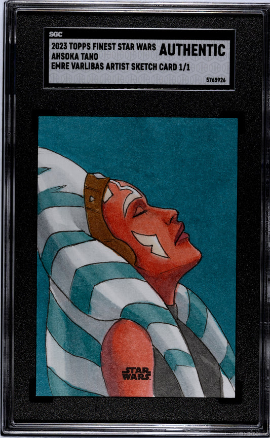 2023 Topps Finest Star Wars Ahsoka Tano 1/1 artist sketch card by Emre Varlibas, authenticated and encased by SGC