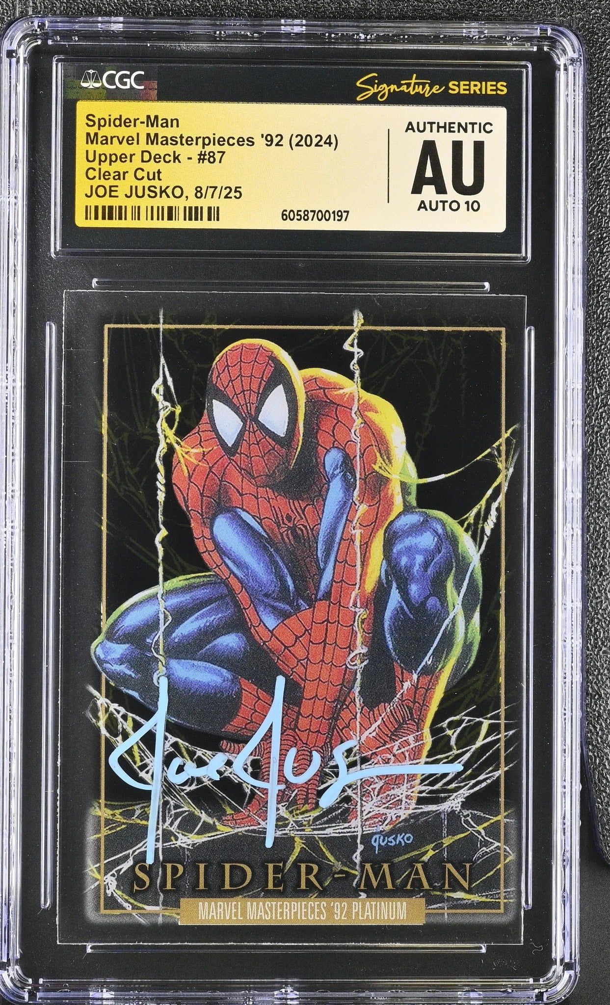 Front view of 2024 Marvel Masterpieces '92 Platinum Spider-Man Clear Cut #87 signed by Joe Jusko and encapsulated in a CGC Signature Series holder with Auto 10 grade.