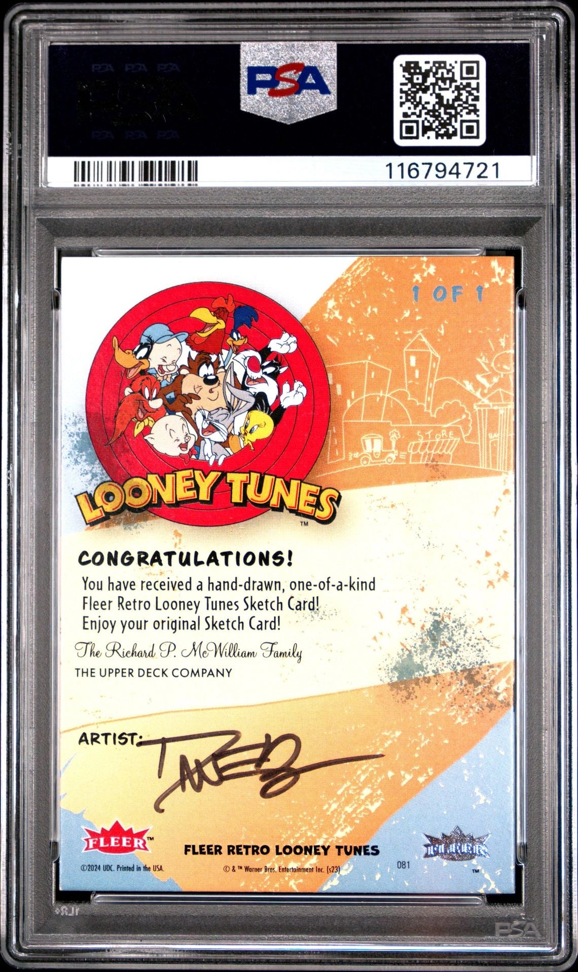 Back of the 2024 Fleer Retro Looney Tunes Dave Beaty Marvin the Martian sketch card, PSA authenticated, showing Looney Tunes logo, congratulations text, and artist signature.