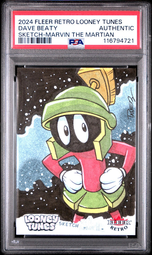 Front of the 2024 Fleer Retro Looney Tunes Dave Beaty Marvin the Martian sketch card, PSA authenticated and encapsulated, featuring original 1/1 artwork with Marvin standing against a space background.
