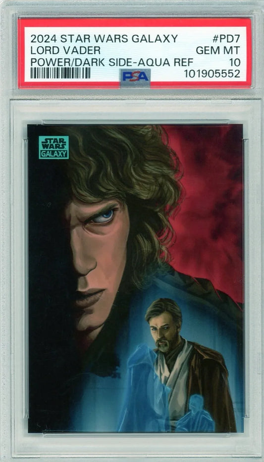 Front image of 2024 Star Wars Galaxy Chrome Aqua Refractor card #PD7 featuring Lord Vader and Obi-Wan in vivid split-style art, graded PSA 10.