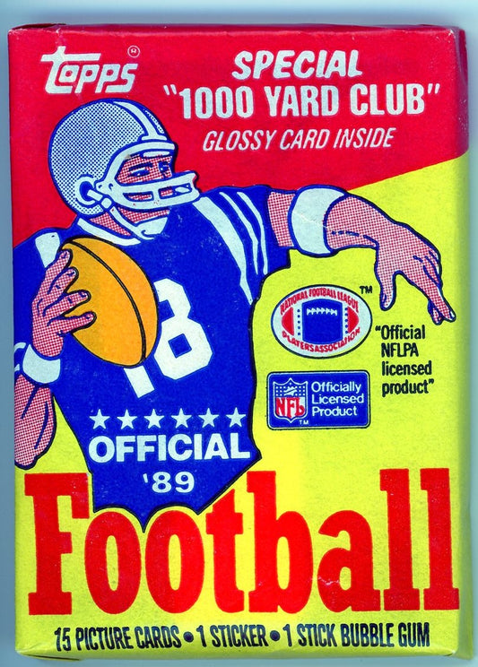 1989 Topps Football Wax Pack - Special “1000 Yard Club” Glossy Card Inside - 15 Cards + Sticker