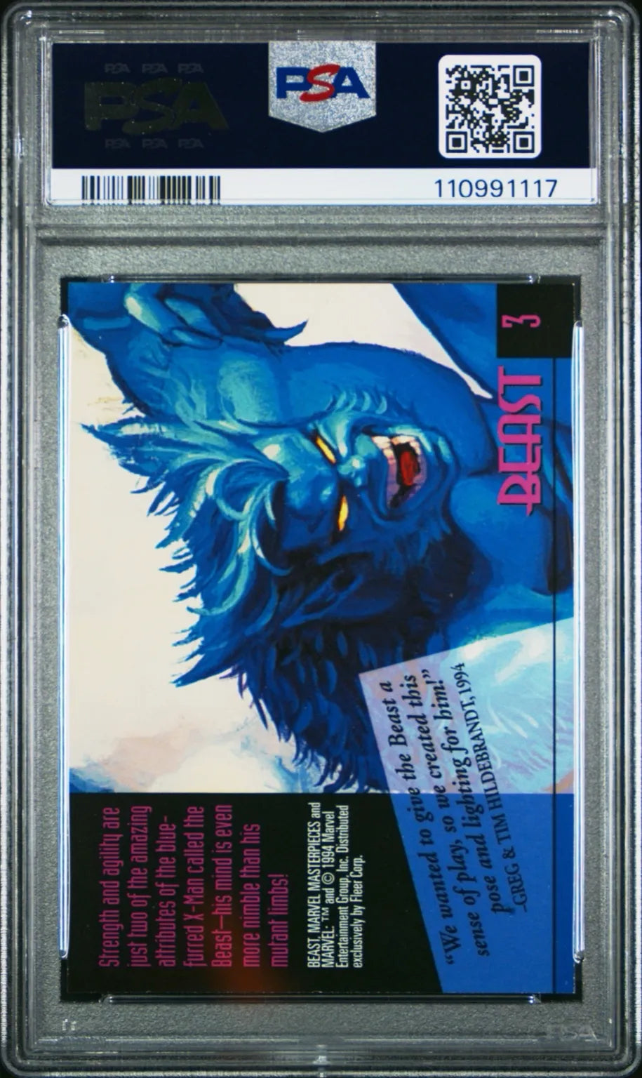 Back of 1994 Marvel Masterpieces Beast #3 Gold Foil-Signatures card graded PSA 8, showcasing Beast mid-leap with facsimile artist signatures.

