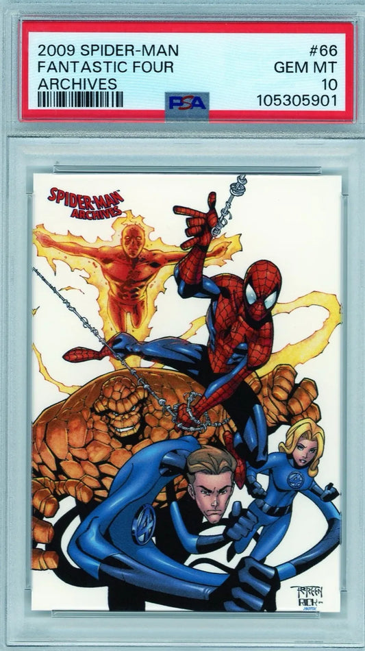 Front of 2009 Spider-Man Archives Fantastic Four #66, PSA 10, with Spider-Man swinging in front of the full Fantastic Four team.