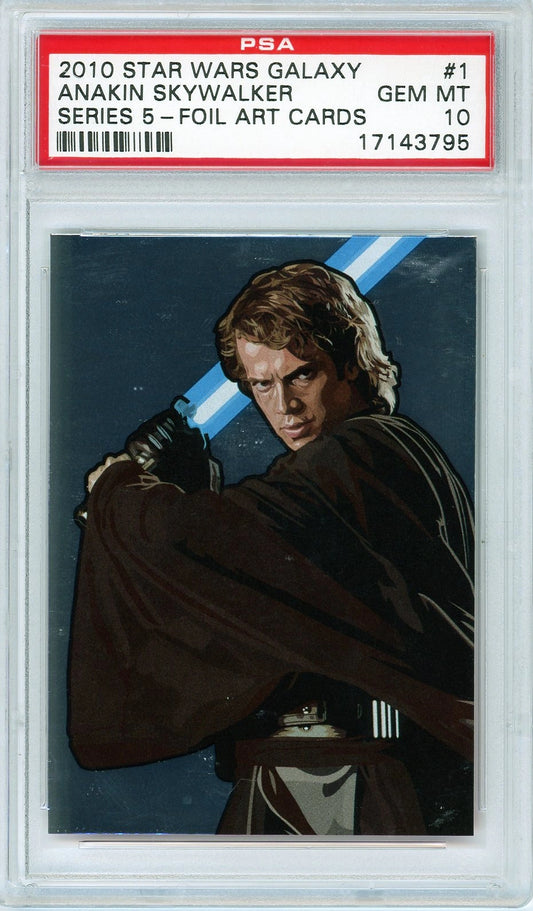 A graded trading card featuring a foil art illustration of Anakin Skywalker from the 2010 Topps Star Wars Galaxy Series 5 Foil Art subset, with a PSA 10 GEM MINT label on the top left.