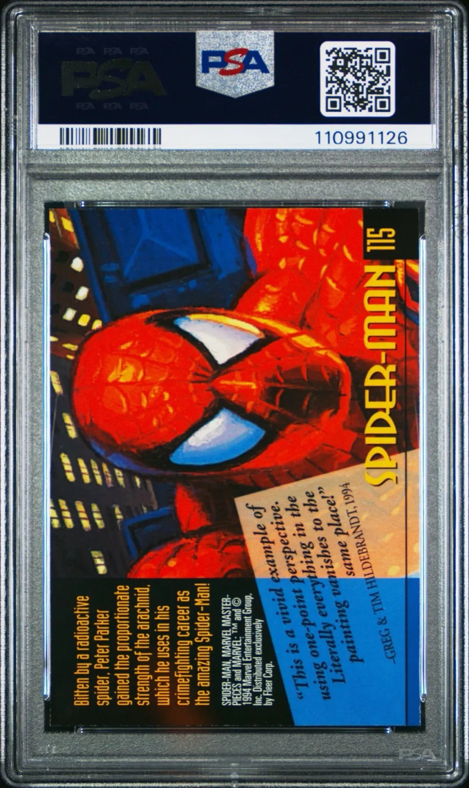 Back of 1994 Marvel Masterpieces Spider-Man card #115 graded PSA 9 Mint, showing dynamic rooftop artwork in bold comic style