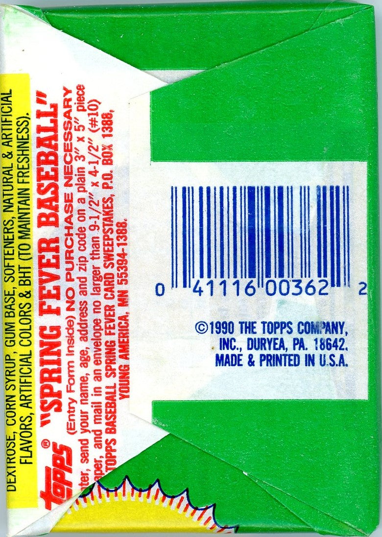 The back of a 1990 Topps Baseball sealed trading card pack, featuring the barcode, manufacturing details from Topps Company, Inc., and sweepstakes information for the Spring Fever Baseball promotion. The packaging confirms the product's authenticity as a vintage collectible.