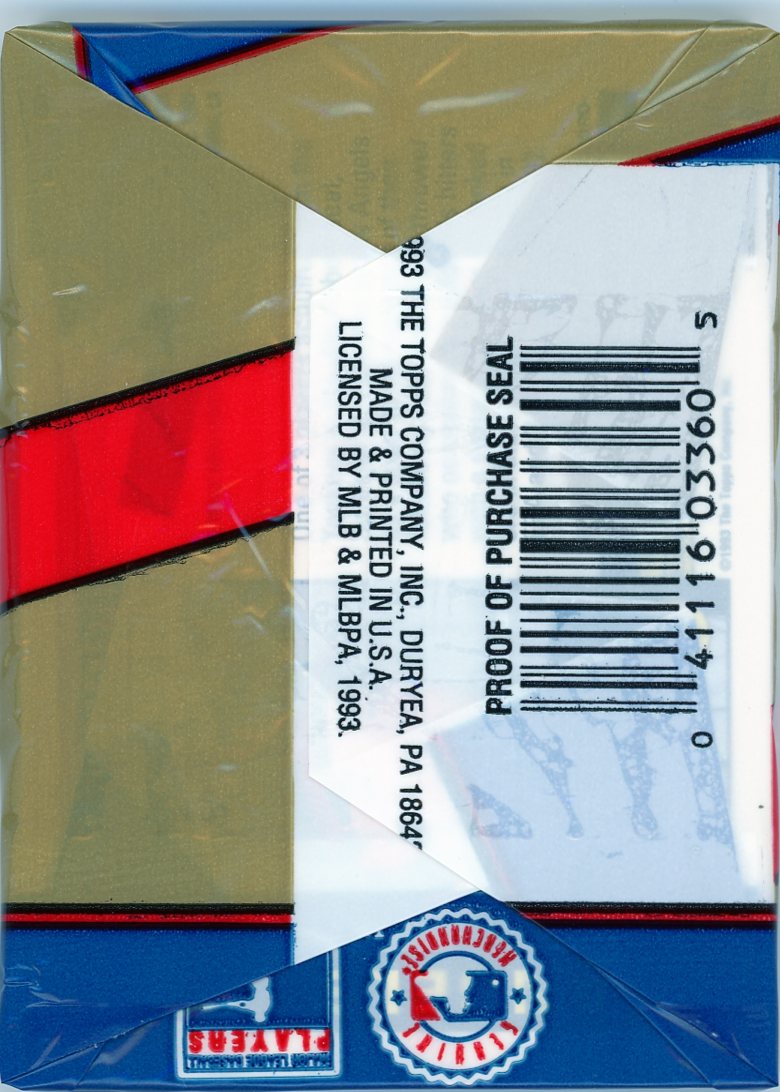 The back of a 1993 Bowman Baseball sealed trading card pack, featuring the barcode, manufacturing details from Topps Company, Inc., and official licensing information by MLB & MLBPA. The packaging confirms its authenticity as a vintage collectible.