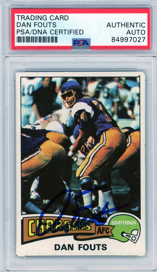 Front view of Dan Fouts signed 1975 Topps Chargers rookie card, authenticated and slabbed by PSA/DNA.