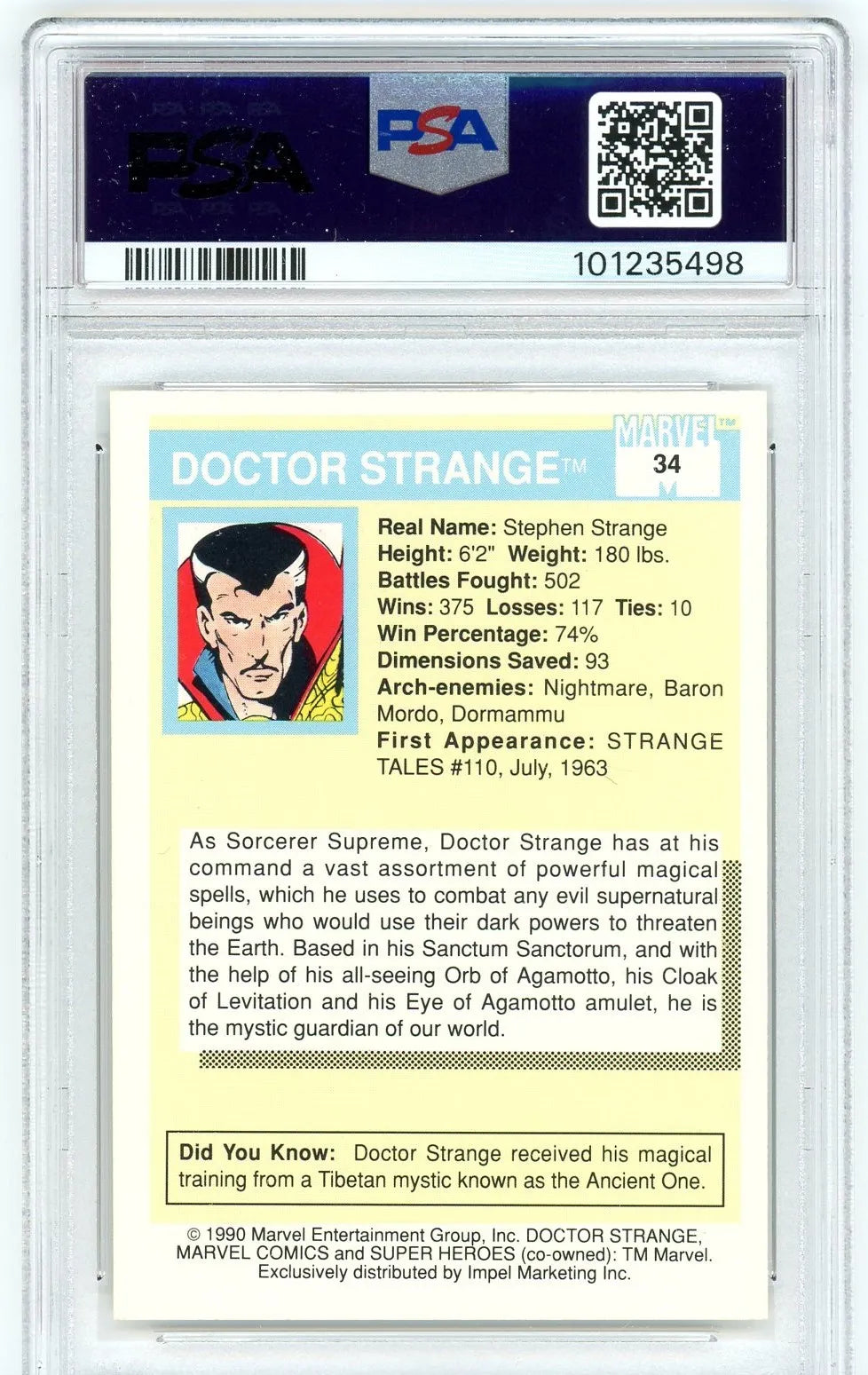 Character stats and comic origin for Doctor Strange on 1990 Marvel Universe card