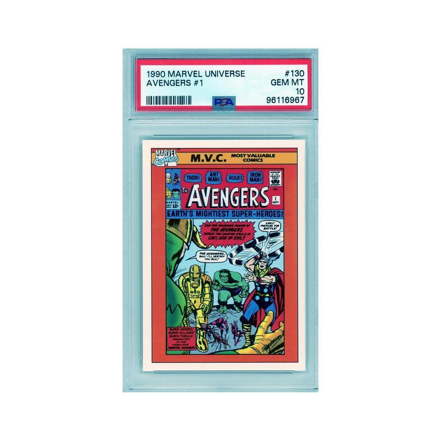 Front of 1990 Marvel Universe Avengers #1 PSA 10 GEM MT with M.V.C. Comic cover featuring Thor, Hulk, Iron Man, and Loki.