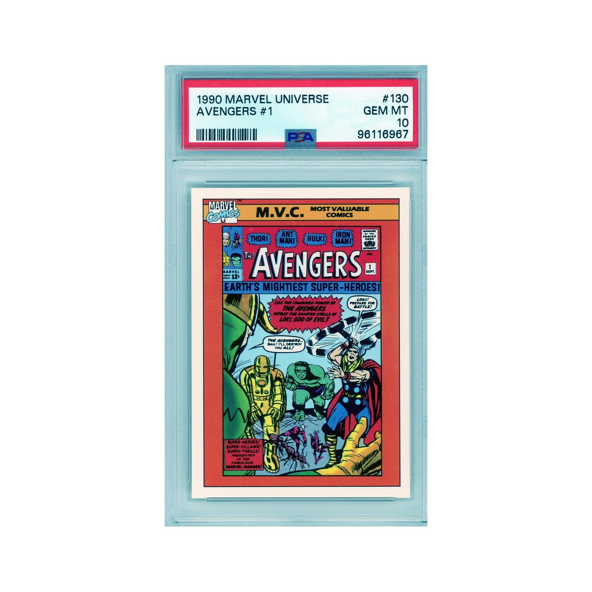 Front of 1990 Marvel Universe Avengers #1 PSA 10 GEM MT with M.V.C. Comic cover featuring Thor, Hulk, Iron Man, and Loki.