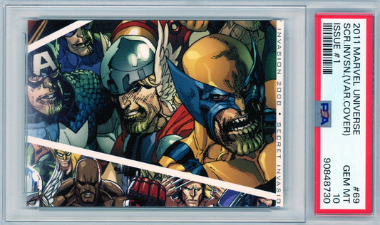 Front image of 2011 Marvel Universe Secret Invasion variant cover card #69, graded PSA 10 Gem Mint.