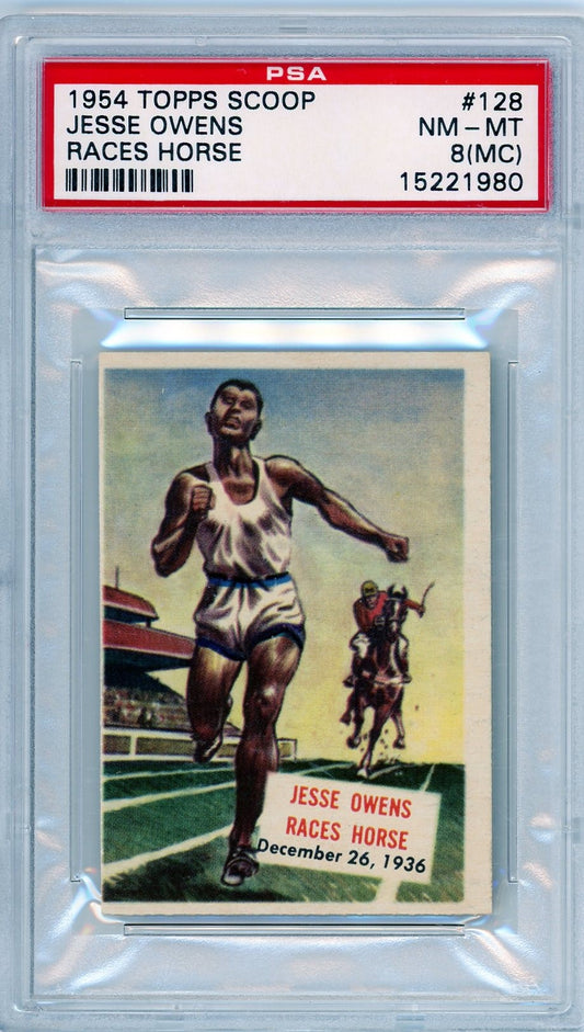 A 1954 Topps Scoop trading card featuring Jesse Owens racing against a horse, graded PSA 8(MC). The card shows Owens in an athletic pose on a race track with a horse and jockey in the background, captioned “Jesse Owens Races Horse, December 26, 1936.