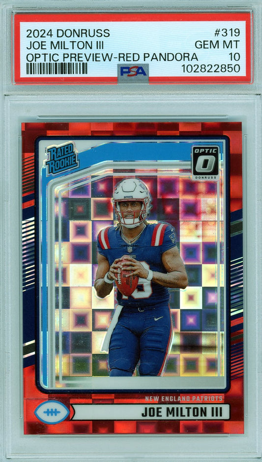 Front view of Joe Milton III 2024 Donruss Optic Preview Red Pandora Rated Rookie card #319, graded PSA 10 GEM MINT.