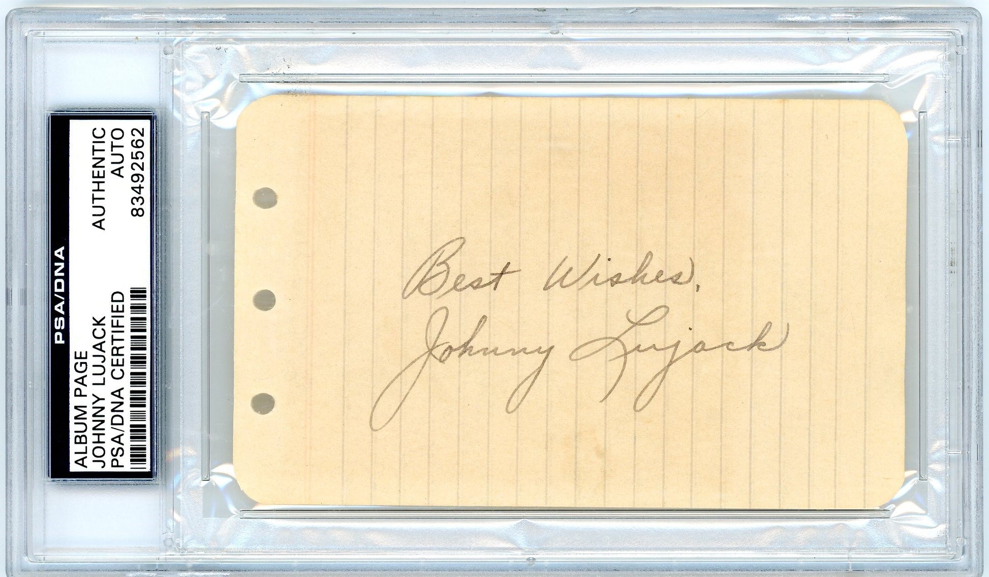Authentic Johnny Lujack autograph featuring a Best Wishes inscription, certified by PSA/DNA and slabbed for secure preservation.