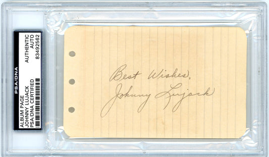 Authentic Johnny Lujack autograph featuring a Best Wishes inscription, certified by PSA/DNA and slabbed for secure preservation.