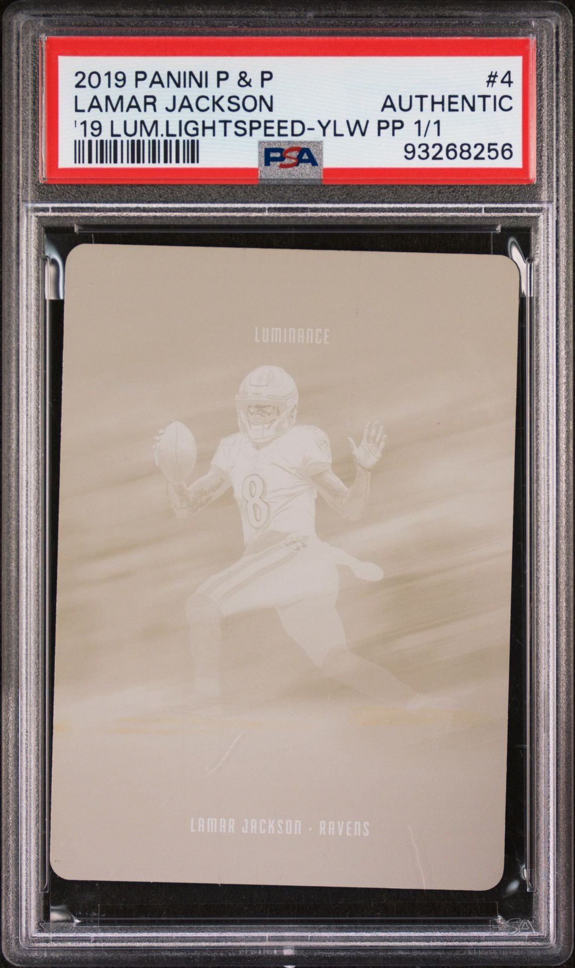 2019 Panini Plates & Patches Lamar Jackson Luminance Lightspeed Yellow Printing Plate 1/1, PSA Authentic, rare Baltimore Ravens quarterback collectible