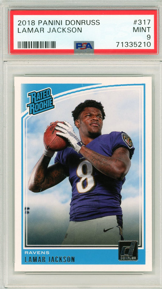  Front view of Lamar Jackson 2018 Panini Donruss Rated Rookie card #317, graded PSA 9 Mint.