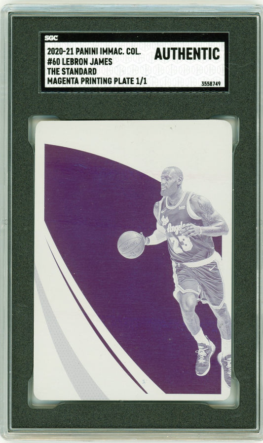  Front of LeBron James 2020-21 Panini Immaculate Collection 1/1 Magenta Printing Plate, authenticated and slabbed by SGC.

