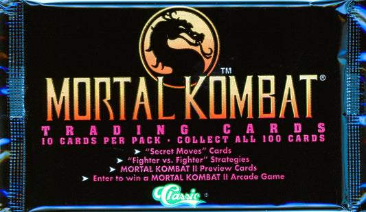 Sealed Mortal Kombat trading card pack by Classic, featuring 10 cards, 'Secret Moves,' and 'Fighter vs. Fighter' strategies