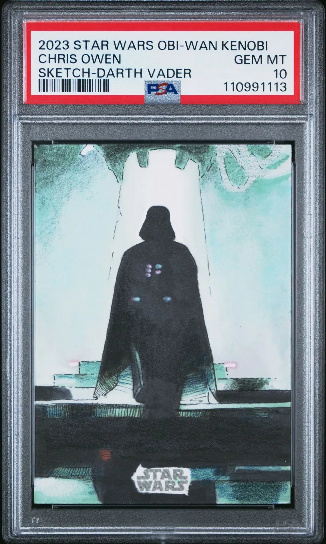 Front of PSA-slabbed 2023 Star Wars sketch card by Chris Owen featuring Darth Vader, graded Gem Mint 10.