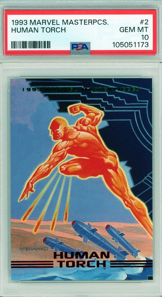  Front of 1993 Marvel Masterpieces Human Torch trading card graded PSA 10 GEM MT by PSA

