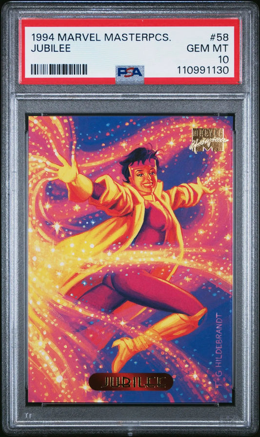  Front of PSA-graded 1994 Marvel Masterpieces #58 Jubilee card with vivid Hildebrandt artwork, graded Gem Mint 10.
