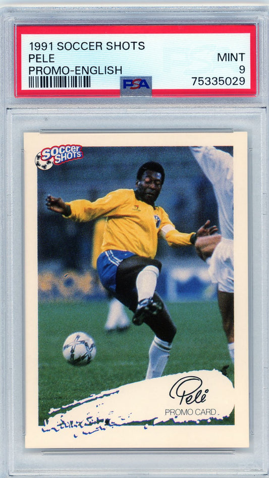 Front image of Pelé 1991 Soccer Shots promotional card graded PSA 9 Mint, featuring action photo in Brazil jersey.