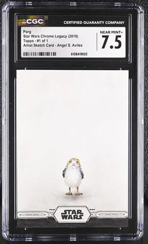 Star Wars Porg figure on a card with CGC certification in a clear protective case.