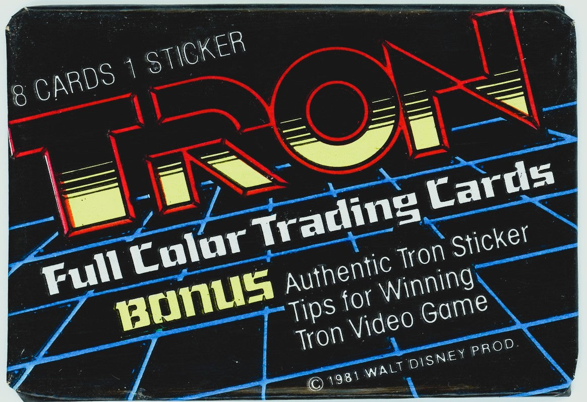 Sealed 1981 Tron trading card pack by Donruss , featuring 8 full-color cards, 1 sticker, and bonus tips for the Tron video game.