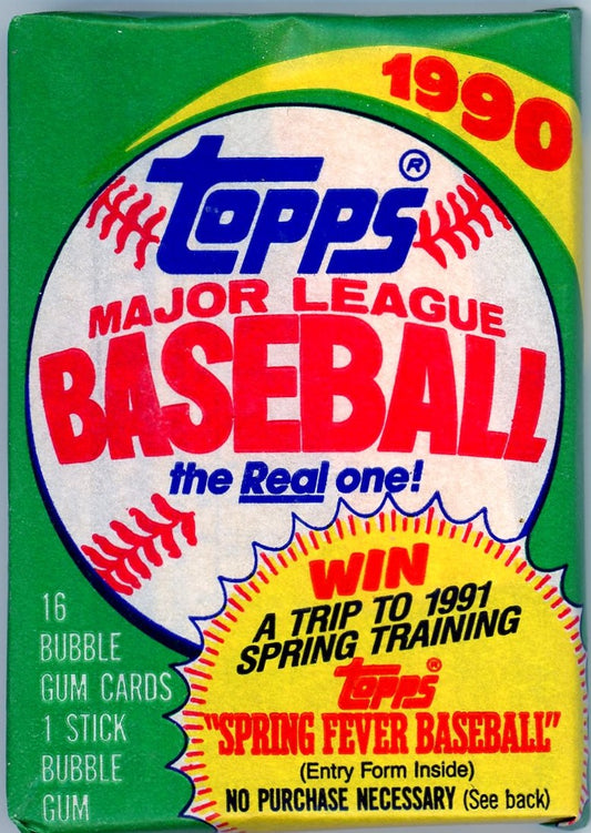 A factory-sealed 1990 Topps Baseball trading card pack, featuring 16 classic MLB cards. The packaging showcases the iconic Topps logo with vintage baseball-themed graphics.