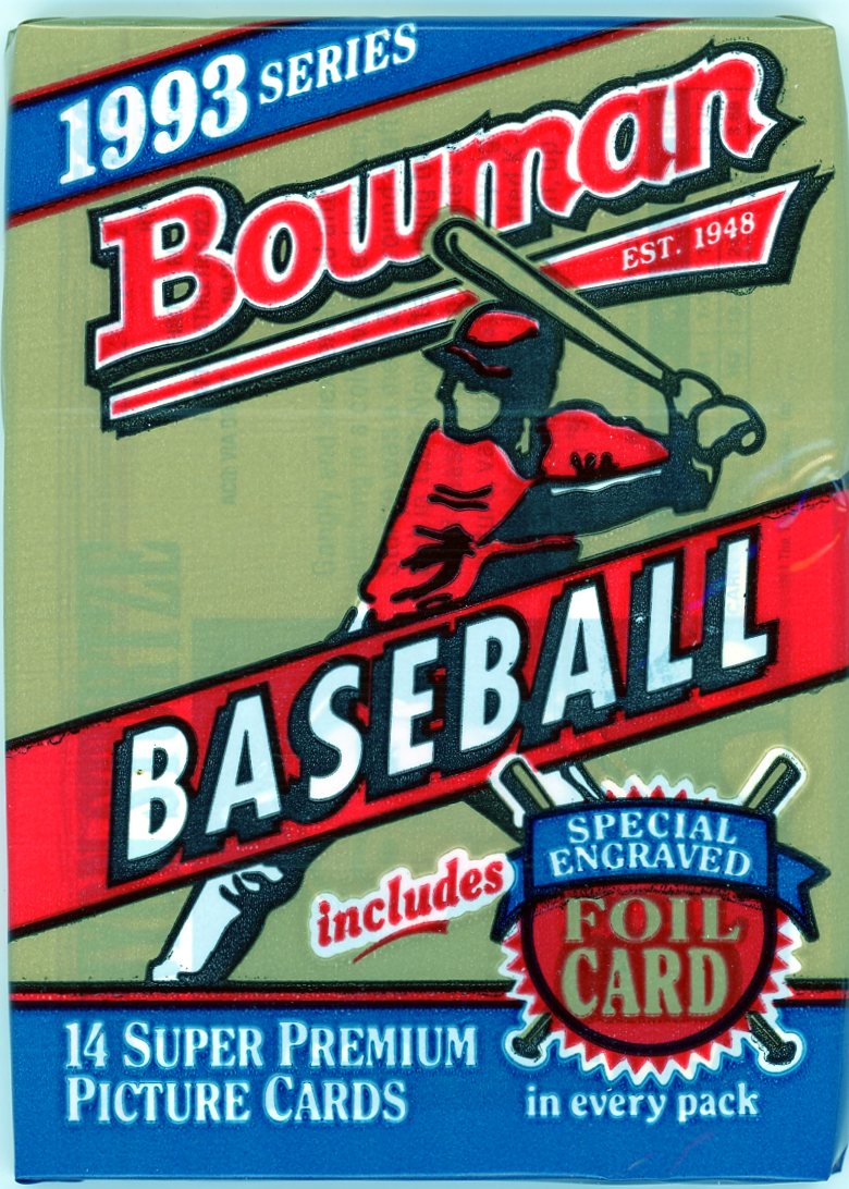 A factory-sealed 1993 Bowman Baseball trading card pack, featuring 14 premium MLB cards with the chance to pull a Derek Jeter rookie card. The packaging showcases Bowman’s signature gold and red design with baseball-themed graphics.