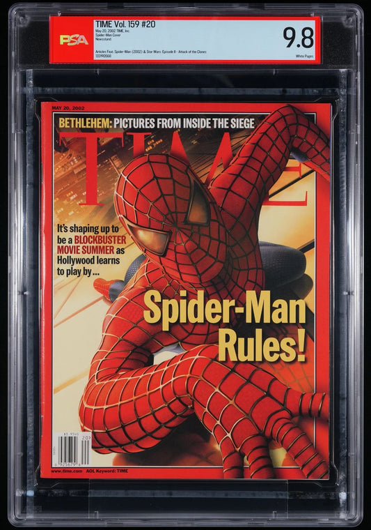 Front cover of TIME Magazine dated May 20, 2002 featuring Spider-Man, professionally graded PSA 9.8 with white pages in archival slab.