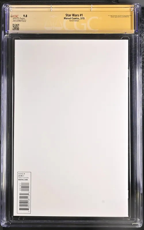  Back of the CGC 9.8 graded Star Wars #1 Sketch Edition comic showing the clean, blank cover and barcode.