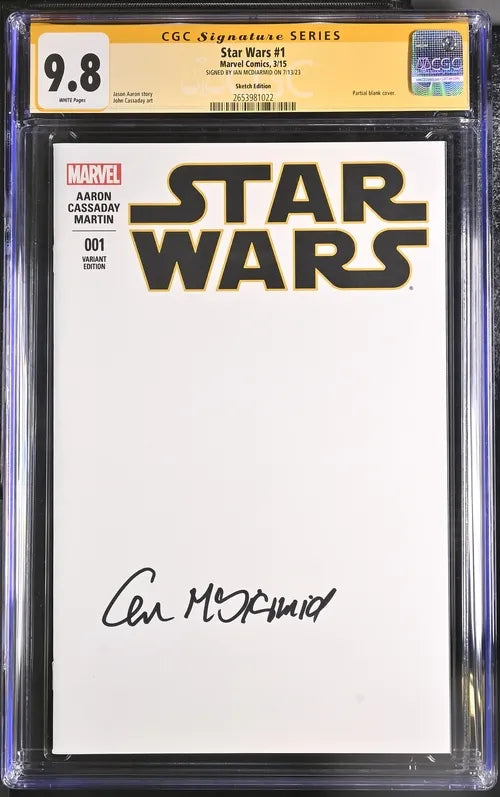 Front of Star Wars #1 Sketch Edition comic graded CGC 9.8 Signature Series, featuring Ian McDiarmid’s signature and a blank cover.