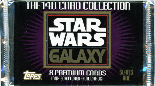 Sealed Star Wars Galaxy Series One trading card pack by Topps, featuring 8 premium cards with a chance for etched foil cards.