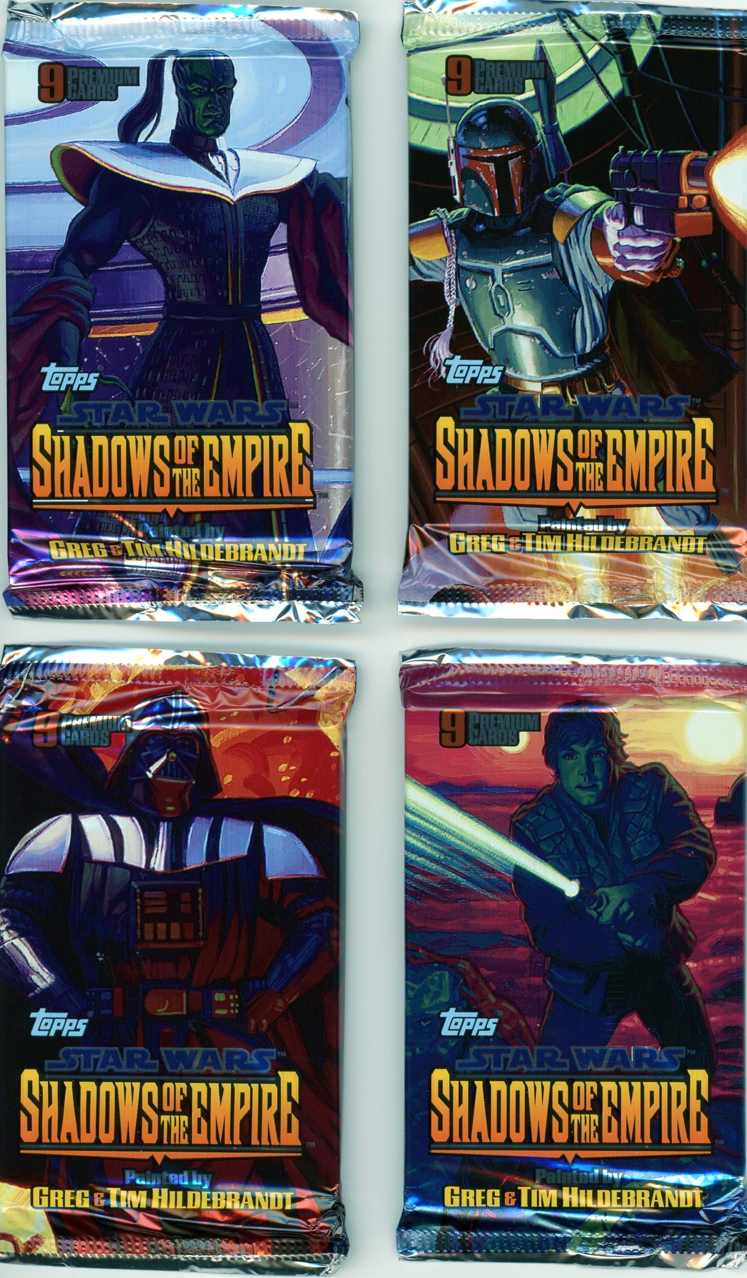 Four Star Wars Shadows of the Empire trading card packs by Topps featuring artwork of Xizor, Boba Fett, Darth Vader, and Luke Skywalker by Greg and Tim Hildebrandt.