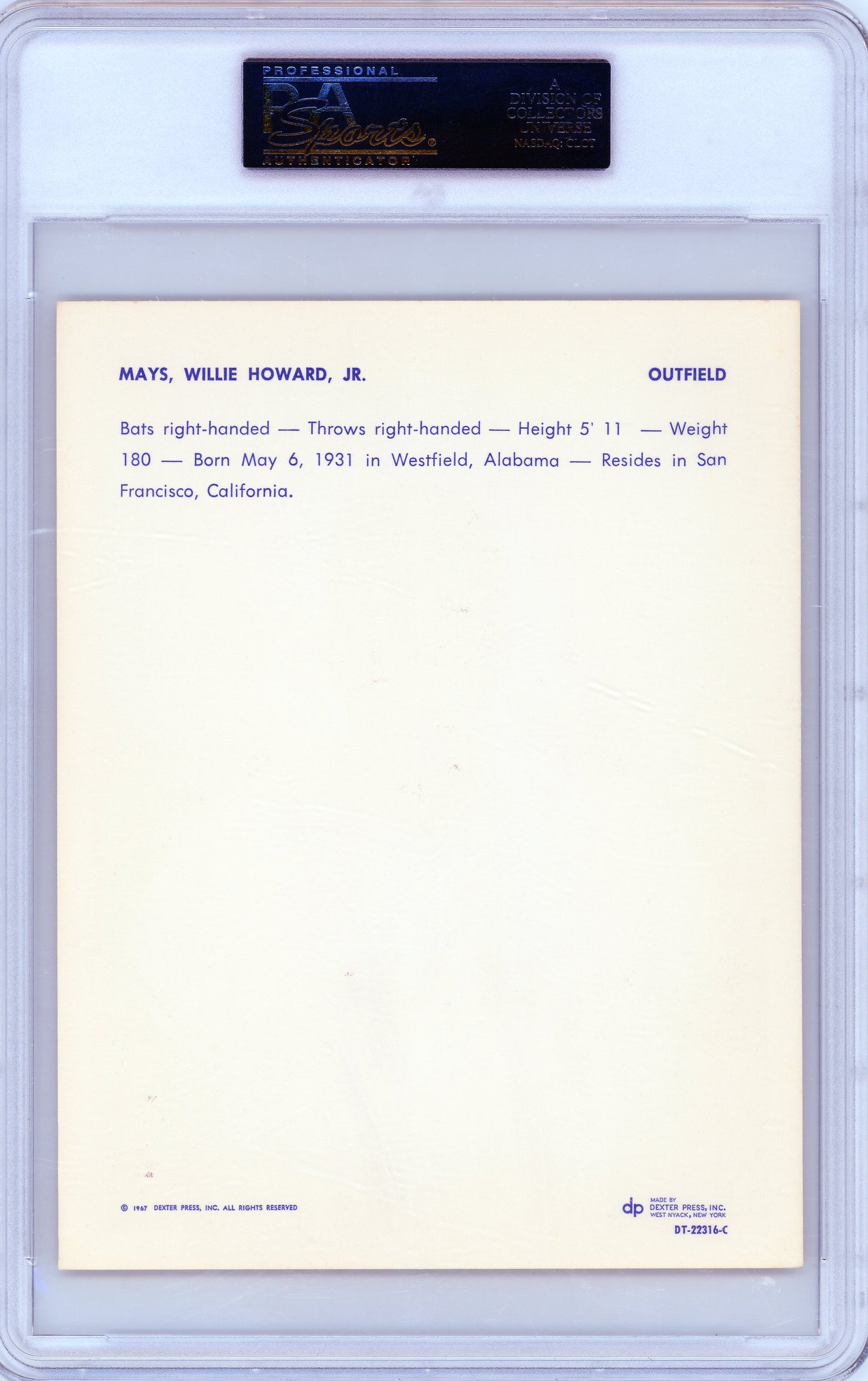 1967 Willie Mays Dexter Press Premium – PSA 6 EX-MT Graded Giants Collectible