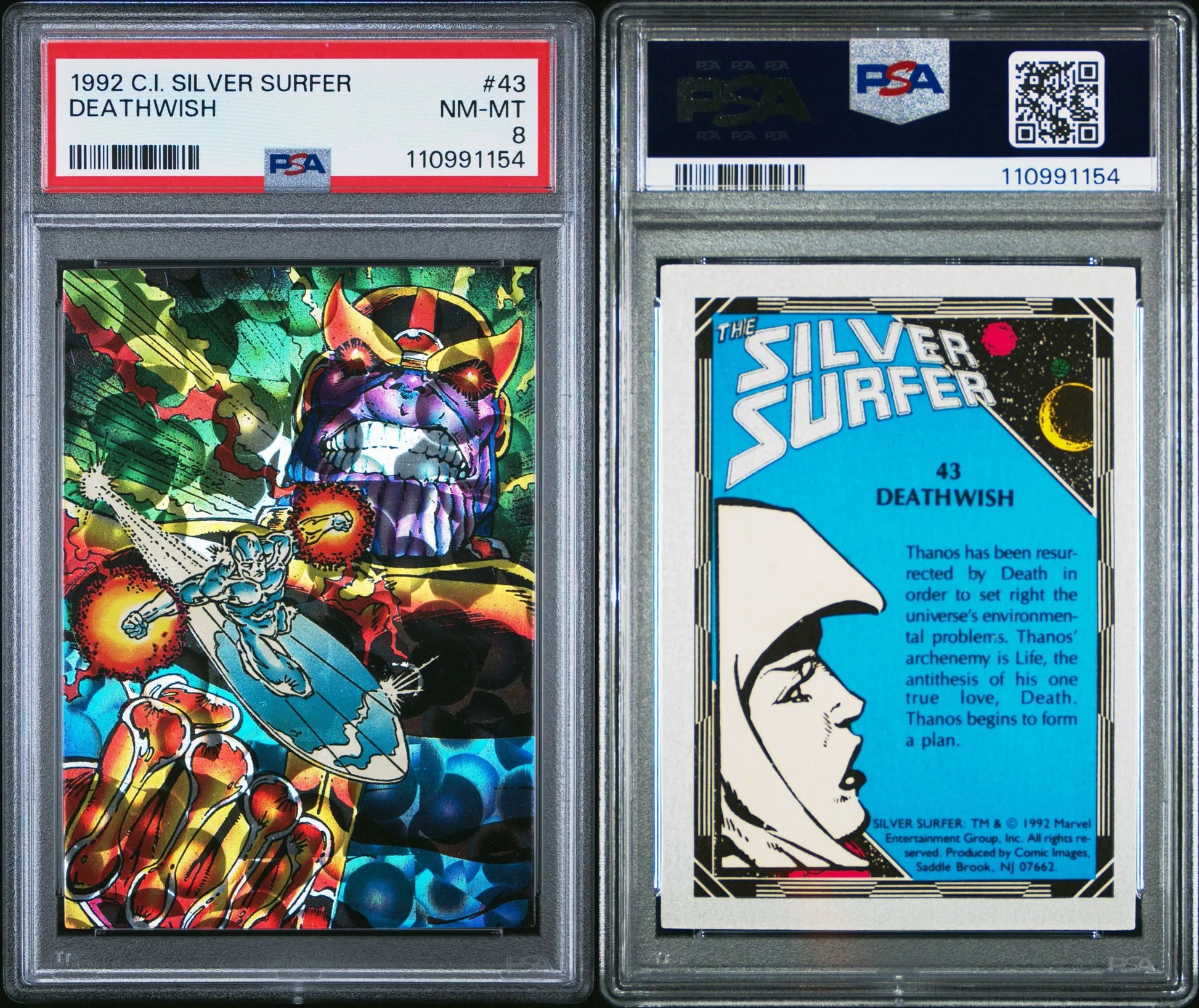 Collage of the front and back of the 1992 Silver Surfer "Deathwish" card #43. The front features a vibrant cosmic battle scene with Thanos, and the back includes storyline text on Thanos' resurrection. PSA 8.