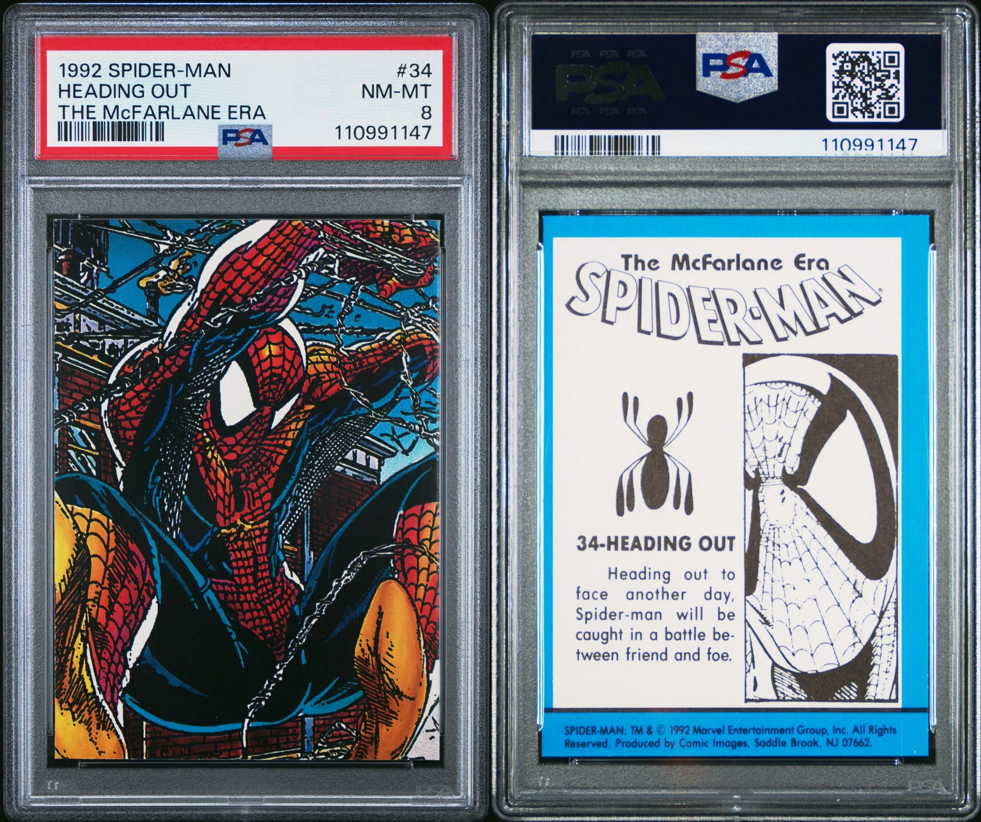 Front and back of 1992 Spider-Man Heading Out #34 PSA 8 trading card graded by PSA.