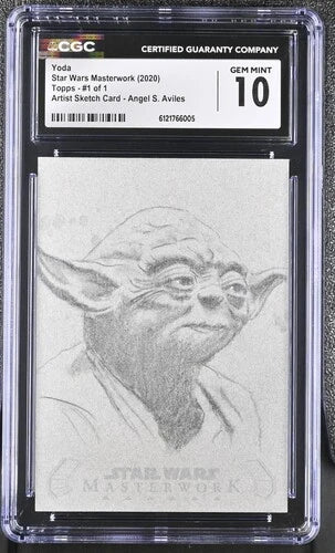 Front of CGC 10 graded Yoda 1 of 1 sketch card from 2020 Star Wars Masterwork featuring detailed graphite portrait artwork by Angel S. Aviles.